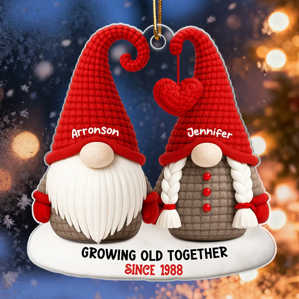 Personalized Acrylic Ornament with Cute Gnome Couple and Heart - Christmas Tree Decor, Unique Gift for Couples