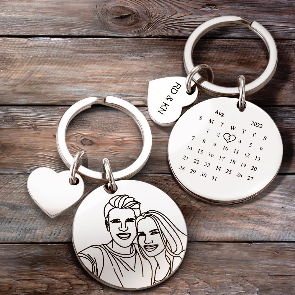 Custom Engraved Line Art Photo Calendar For Family, Couple, Besties - Personalized Keychain