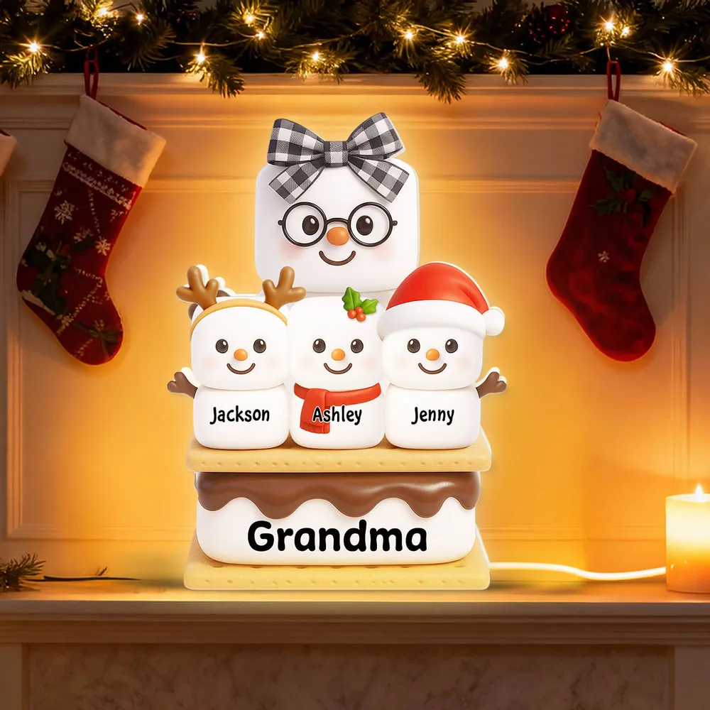 Personalized Acrylic Light Box - Cute S'mores Marshmallow Stack with Santa Hats & Warm Glow - Unique Gift for Grandma