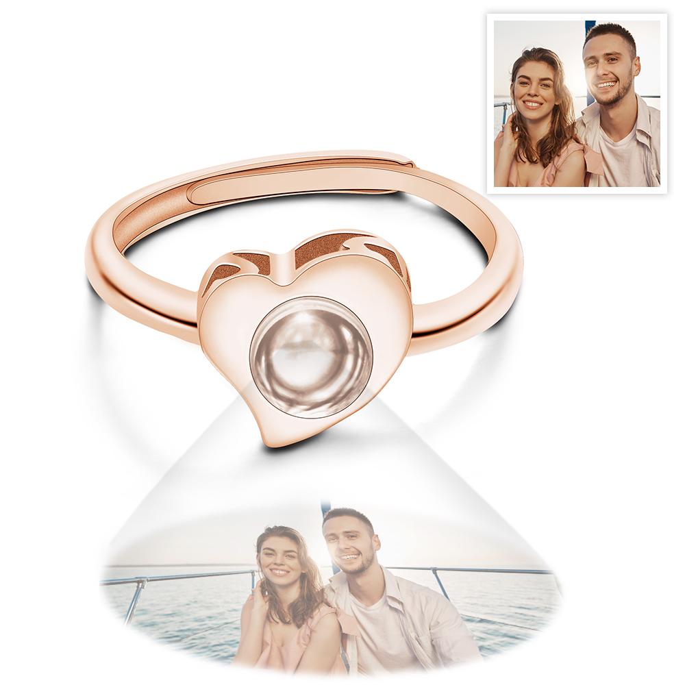 I Love You - Personalized Couple Silver Heart-shaped Photo Projection Open Ring