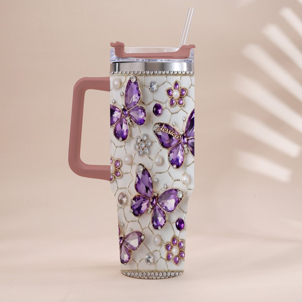Love Butterflies - Personalized Butterfly Tumbler With Handle