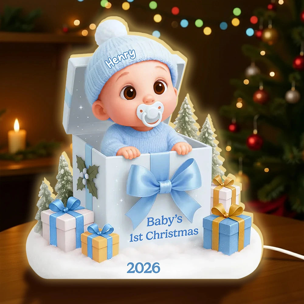 Personalized Acrylic Light Box for Baby's First Christmas – Cute Gift Box Scene, Warm Glow Nursery Lamp, Unique Keepsake Gift for New Parents