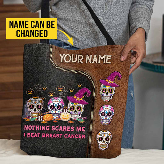 Nothing Scares Me Halloween - Breast Cancer Awareness Personalized Tote Bag