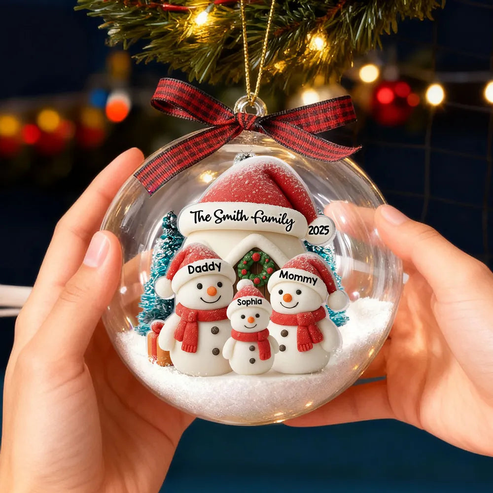 Snowman Family Ball Ornament - Snow Globe Look, Cozy Snow House - A unique Christmas gift for Parents & Family