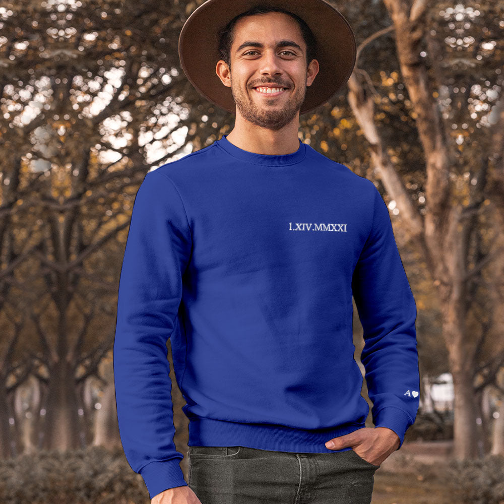 Custom Engraved Embroidery Round Neck Roman Numeral Date - Personalized Couple Sweatshirt