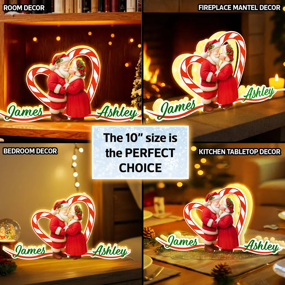 Personalized Acrylic Light Box - Santa Couple Kissing with Candy-Cane Heart, Warm Glow Holiday Decor, Unique Gift for Couples