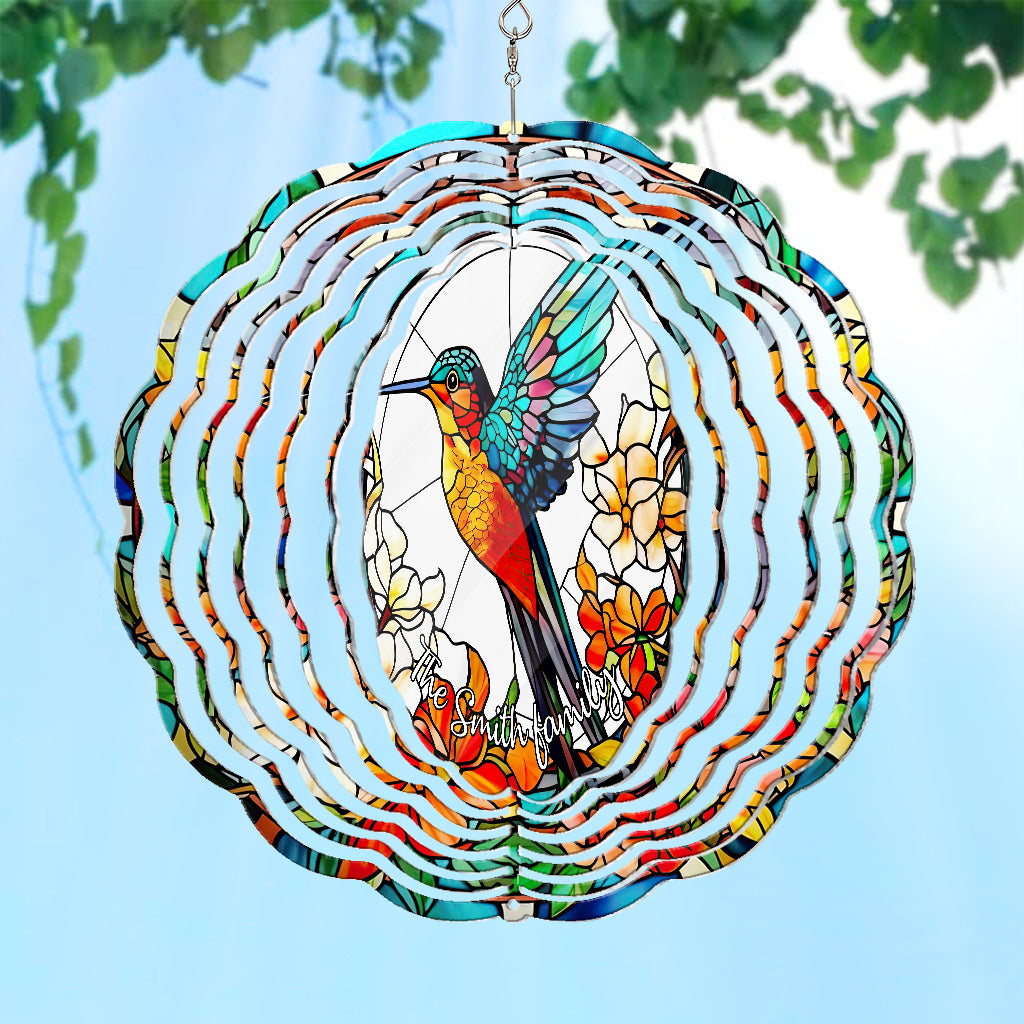 Beautiful Hummingbird Surrounded by Flowers - Personalized Hummingbird Wind Spinner