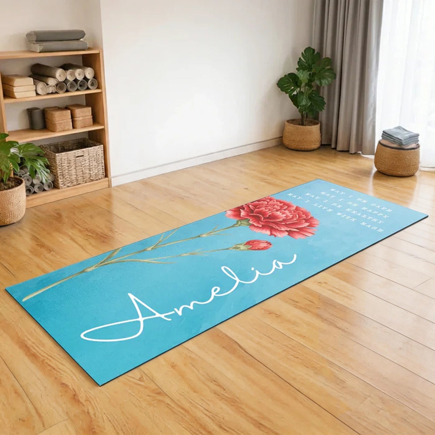 Personalized Birth Flower Yoga Mat With Custom Name, Calm Blue Floral Home Practice, Unique Gift For Yoga Lovers