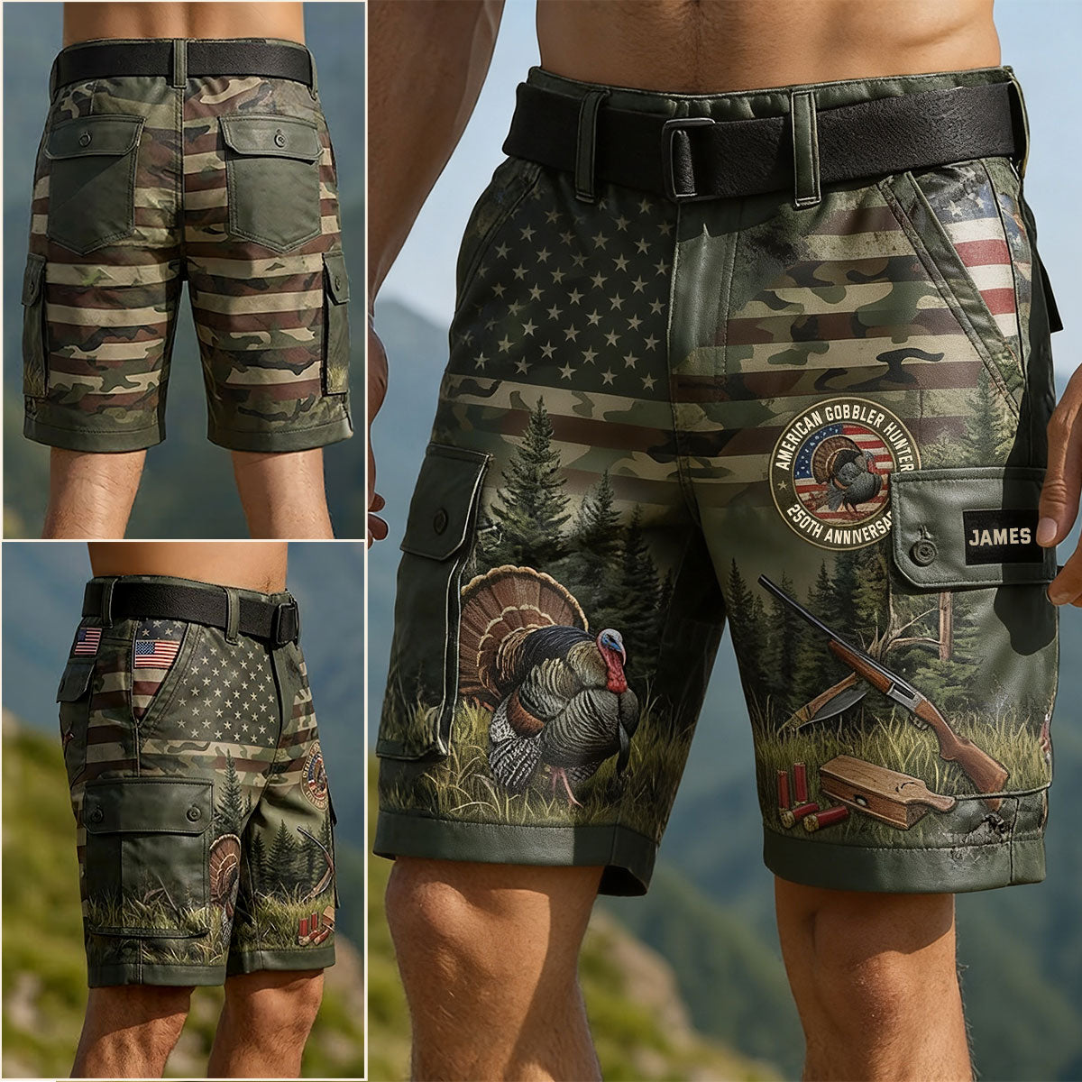 American Gobbler Hunter - Personalized Hunting Cargo Shorts With Belt