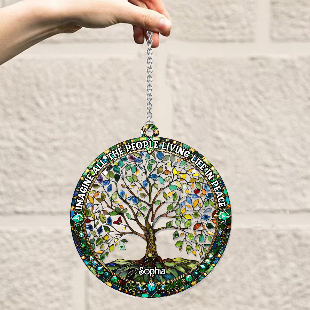 Imagine All The People Living Life In Peace - Personalized Hippie Window Hanging Suncatcher Ornament