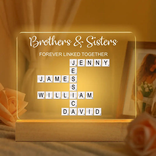 LED Light Plaque – Brothers & Sisters Crossword Names, “Forever Linked Together” Personalized Sibling Gift