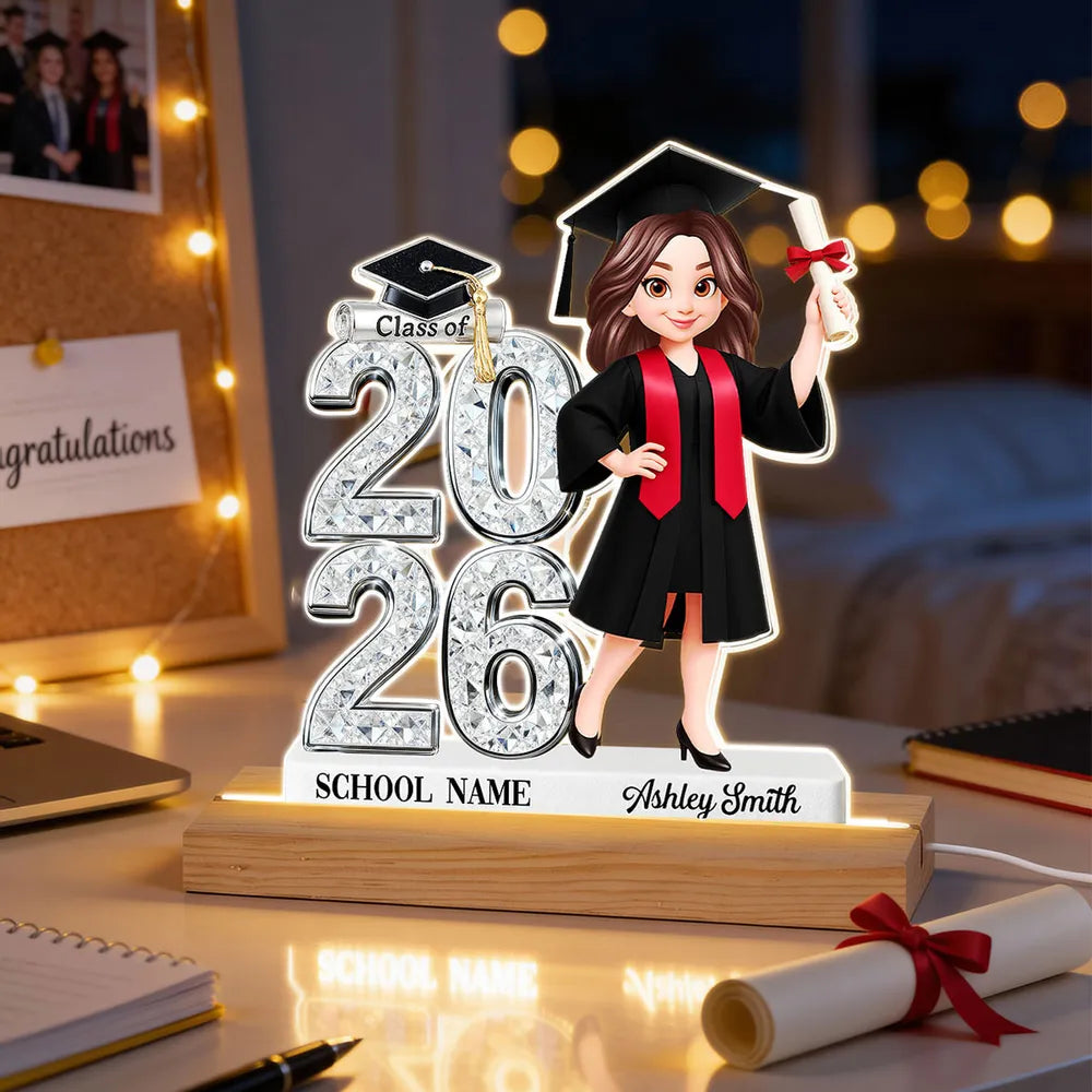 Personalized Block LED Light Plaque Graduation Night Light with Graduate Girl Holding Diploma, Warm Glow Unique Gift