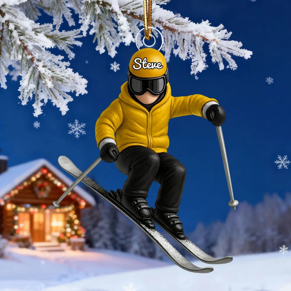 Personalized Skier Acrylic Ornament, Custom Name Winter Skiing Scene, Unique Christmas Tree Gift For Ski Lovers