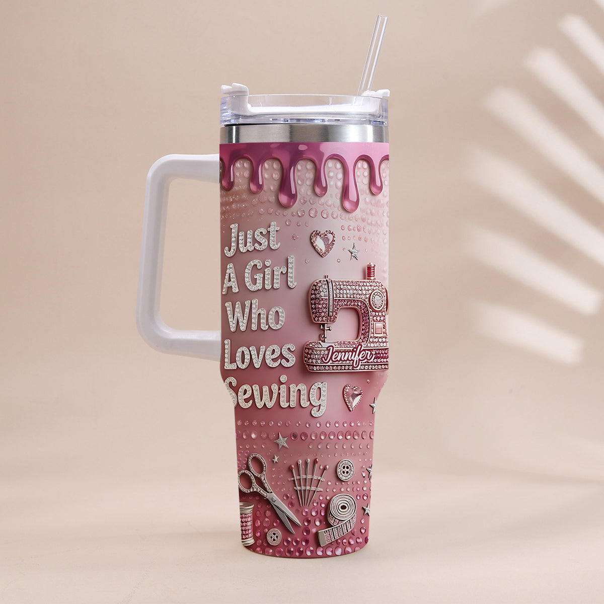 Just A Girl Who Loves Sewing - Personalized Sewing Tumbler With Handle