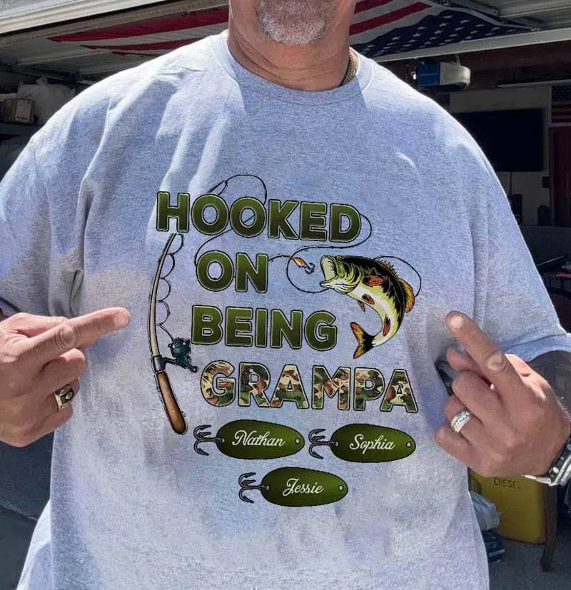 "Personalized Grandpa Fishing T-Shirt/Hoodie - Hooked on Being Grandpa - Ideal Father's Day or Birthday Gift"