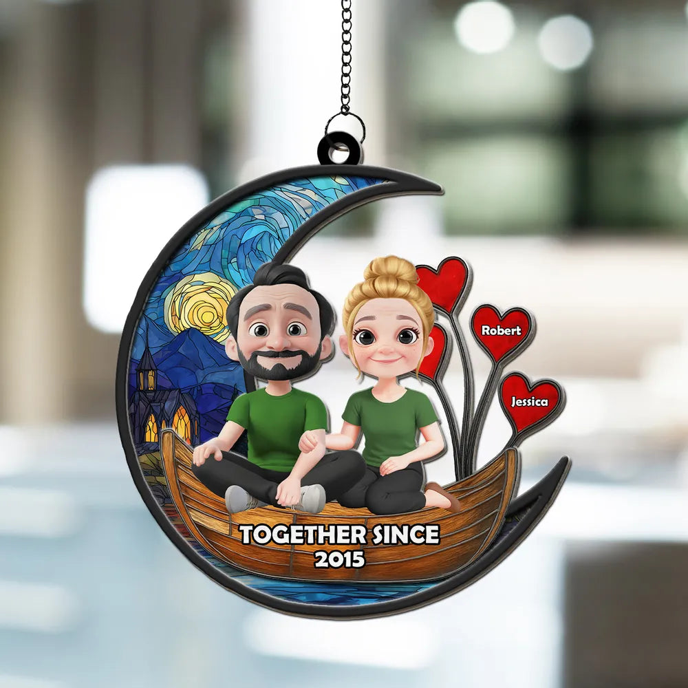 Romantic Moon Couple Wood and Acrylic Layered Ornament - Together Since Anniversary Gift for Lovers