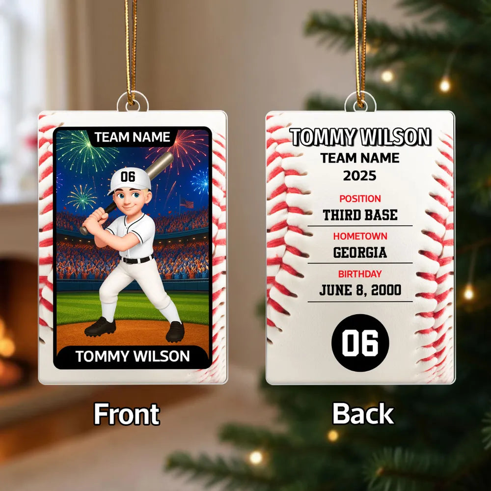 Baseball Card Acrylic Ornament, Cute Batting Pose, unique Christmas gift for Son, Daughter, Grandson or Granddaughter