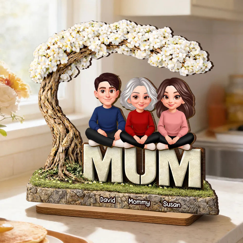 2-Layer Wooden Plaque Personalized Family Scene Under a Flowering Tree, Warm Home Display, Heartfelt Gift for Mom
