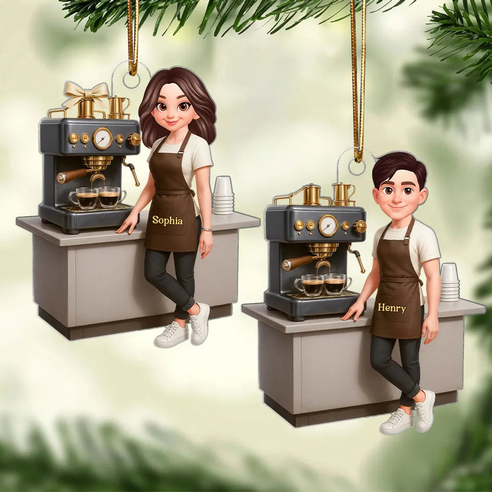 Custom Coffee Barista Acrylic Ornament With Espresso Machine Scene, Warm Holiday Decor, Creative Gift for Coffee Fans