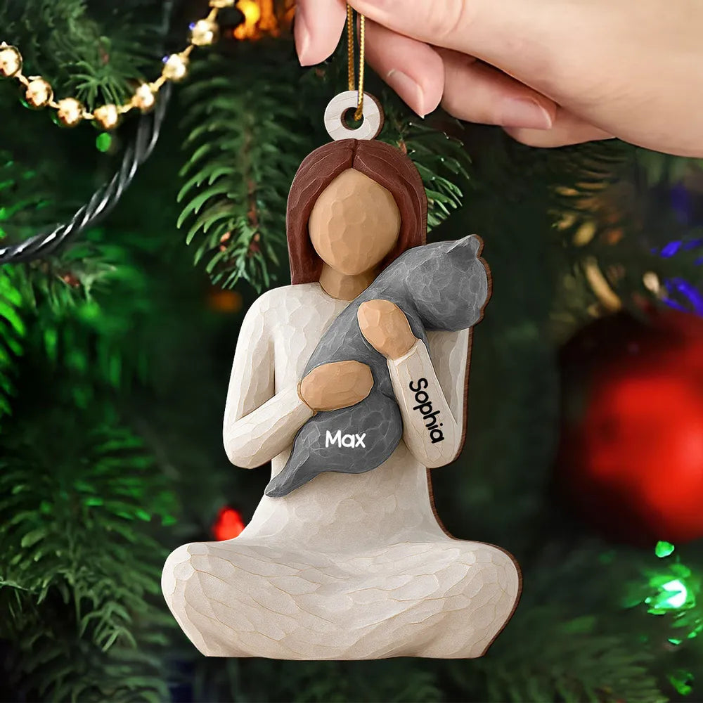 Wooden Ornament - Carved Figure Hugging a Cat, Winter Tree Decor, a unique gift for cat moms & pet owners
