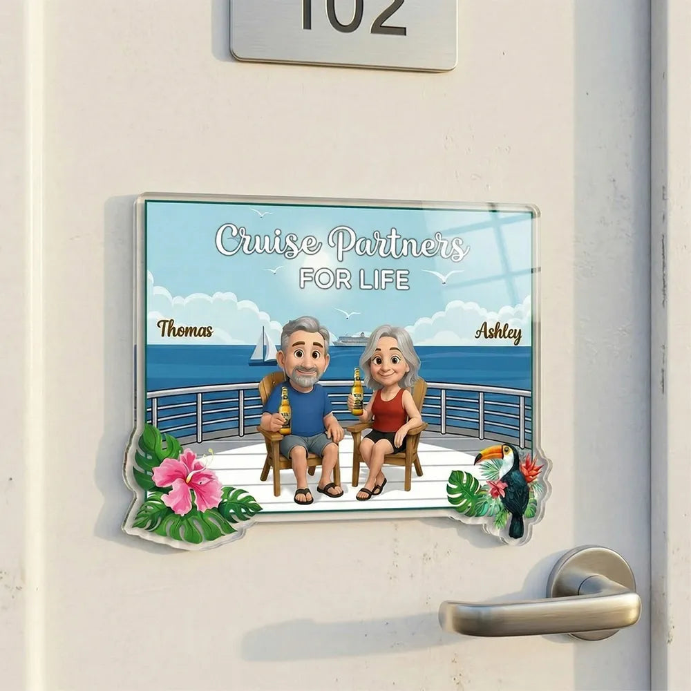 Personalized Acrylic Magnet Cruise Partners For Life Cartoon Couple on Deck, Unique Cruise Cabin Door Gift