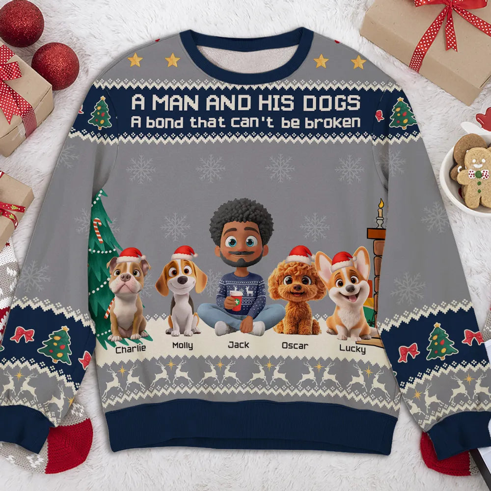 A Man and His Dog Sweatshirt, Custom All-Over Print, Cozy Christmas Cartoon, unique gift for dog dads & pet lovers