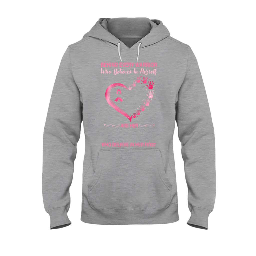 Behind Every Warrior Pink Heart Hand Prints - Breast Cancer Awareness Personalized T-shirt And Hoodie