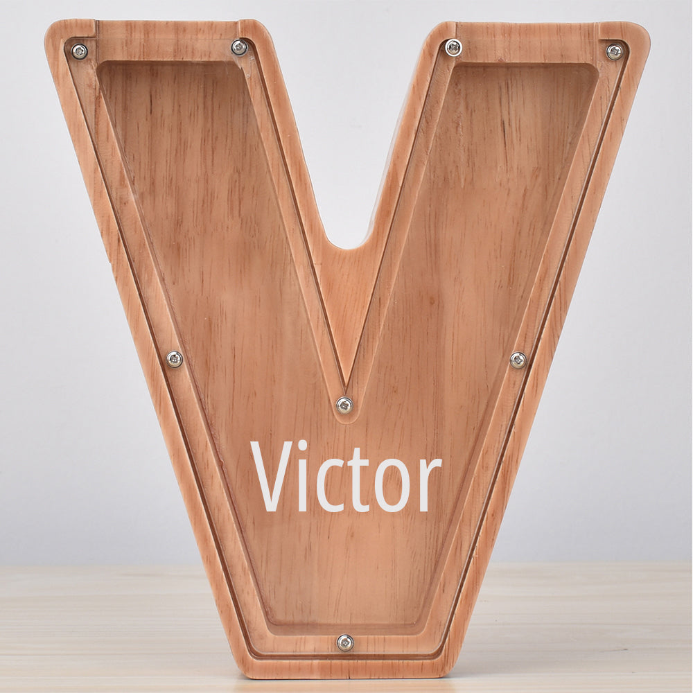 Custom Initial And Name - Personalized Letter And Name Oak Wooden Piggy Bank