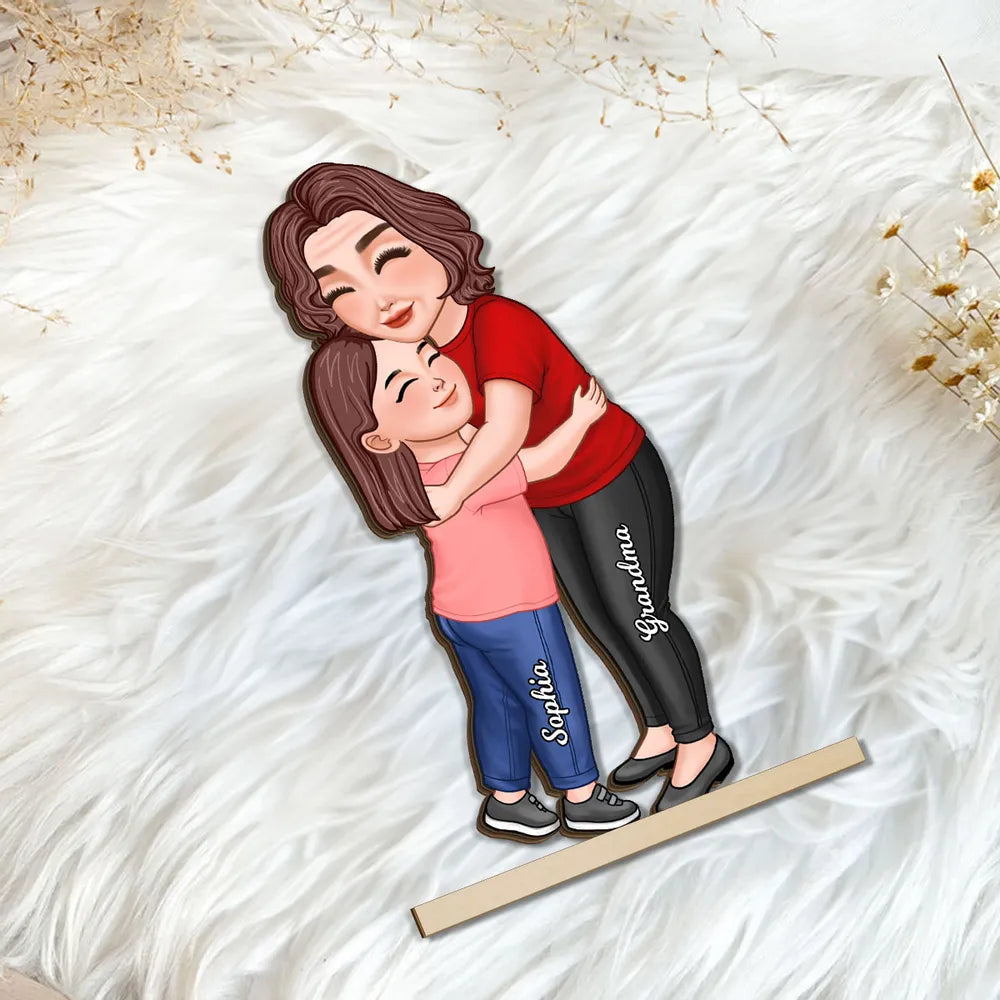 Wooden Plaque Personalized Hugging Grandma & Grandkid Freestanding Decor, Warm Cartoon Style, Unique Gift for Grandma