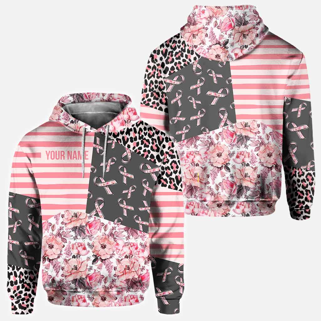 Pink Ribbons Striped Leopard Floral Pattern - Breast Cancer Awareness Personalized All Over T-shirt and Hoodie