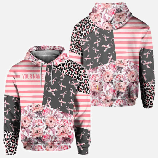 Pink Ribbons Striped Leopard Floral Pattern - Breast Cancer Awareness Personalized All Over T-shirt and Hoodie