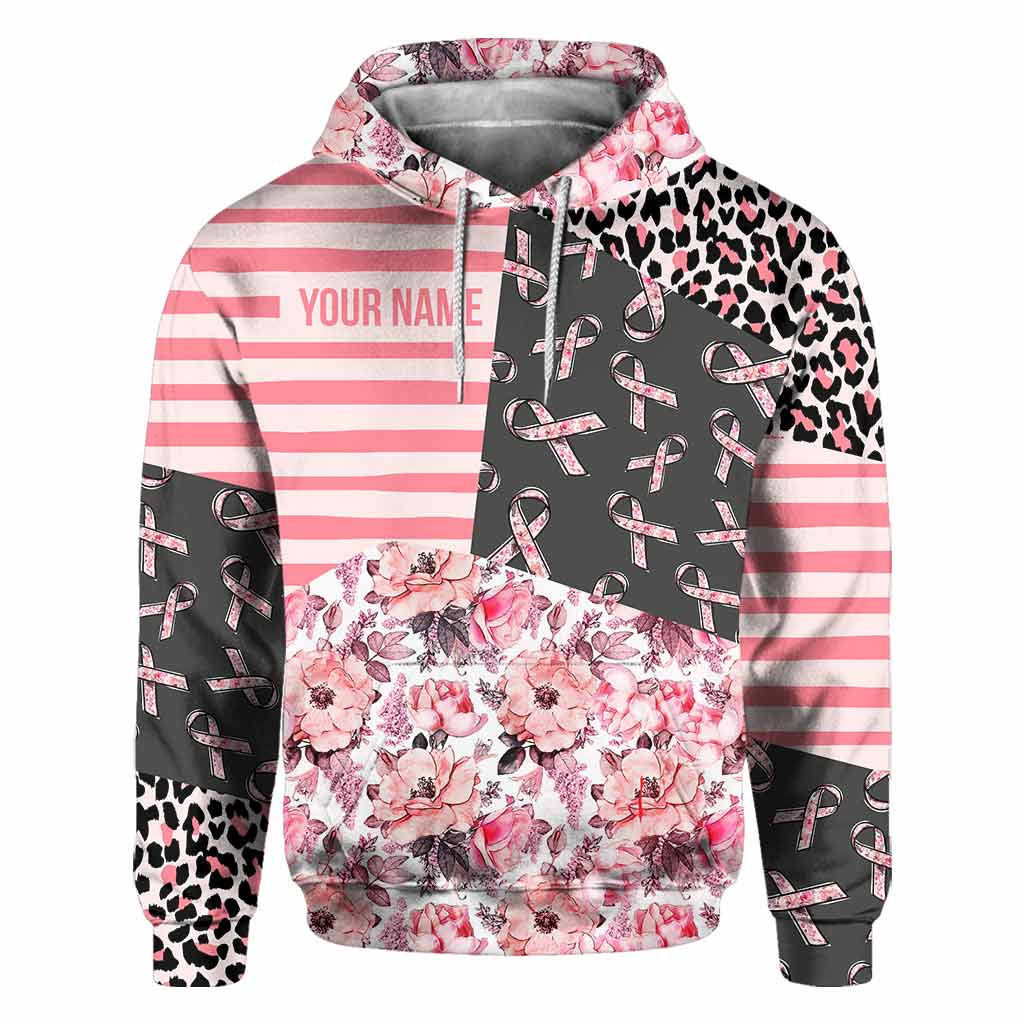 Pink Ribbons Striped Leopard Floral Pattern - Breast Cancer Awareness Personalized All Over T-shirt and Hoodie