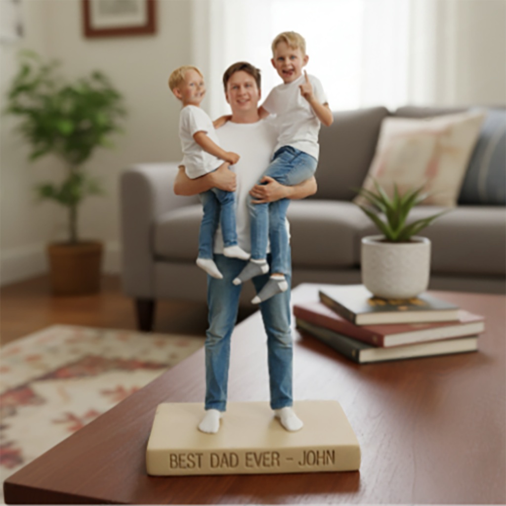 Custom Father and Two Sons Personalized Figurine Statue - Best Dad Ever Nameplate Keepsake - Unique Father's Day Desk Ornament Gift