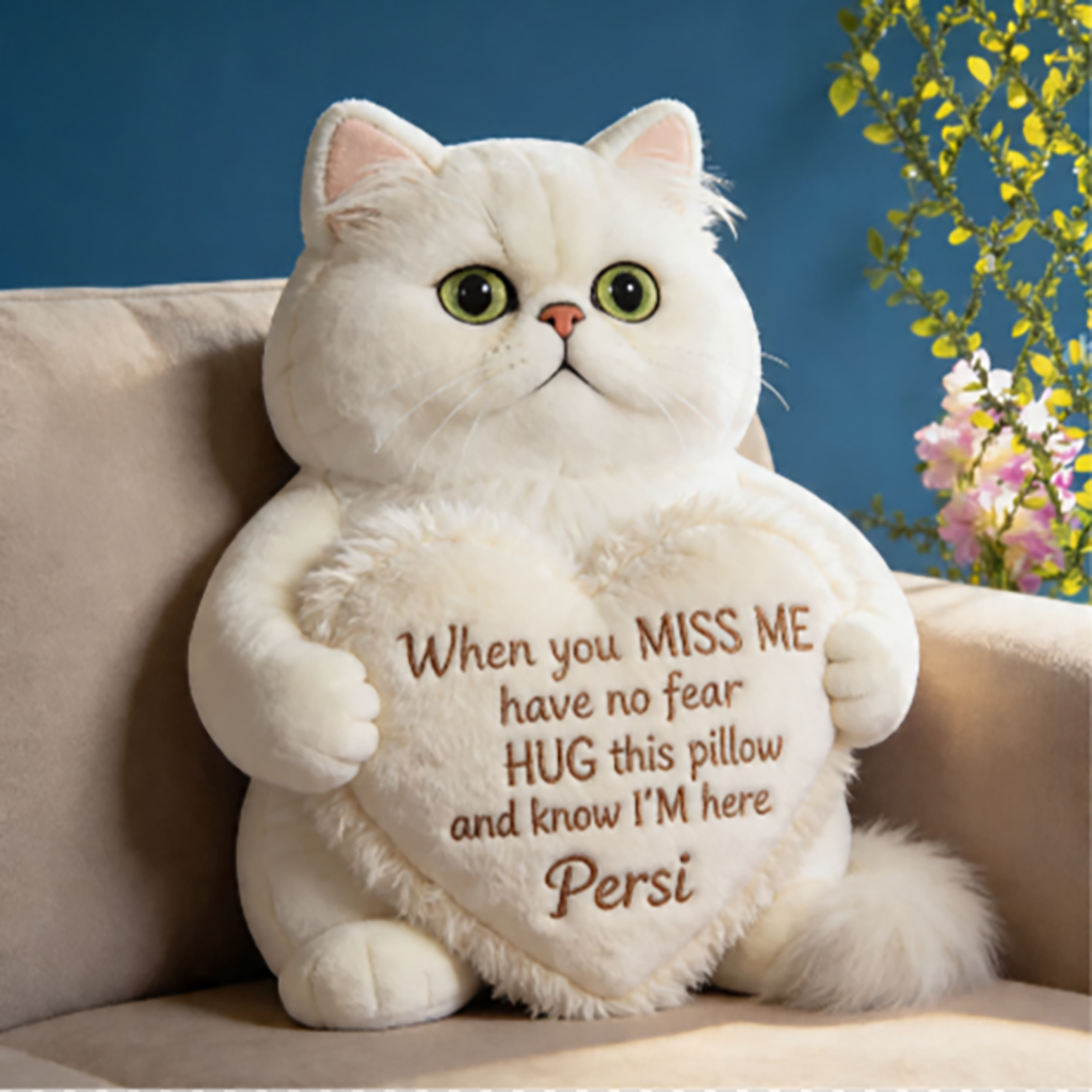 Custom Sliver Persian Cat Memorial Heart Pillow - Personalized Pet Loss Keepsake Hug Cushion - Sentimental Bereavement Gift for Cat Lovers