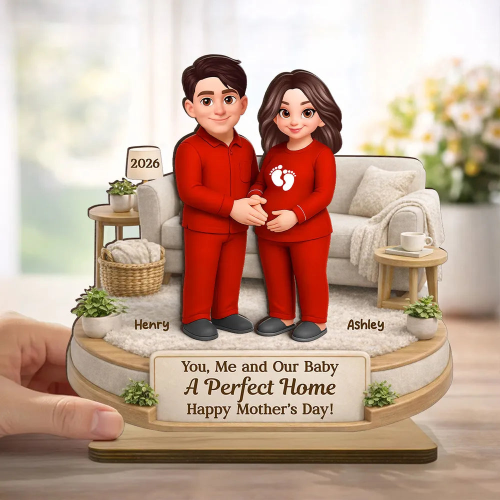 Personalized 2-Layer Wooden Plaque for Expecting Couple in Cozy Living Room Scene, Unique Mother's Day Gift