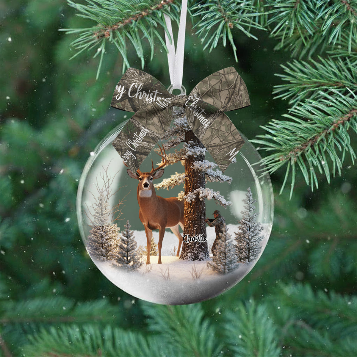 Christmas Gift For Hunters - Personalized Hunting Snow Globe Ornament With Bow
