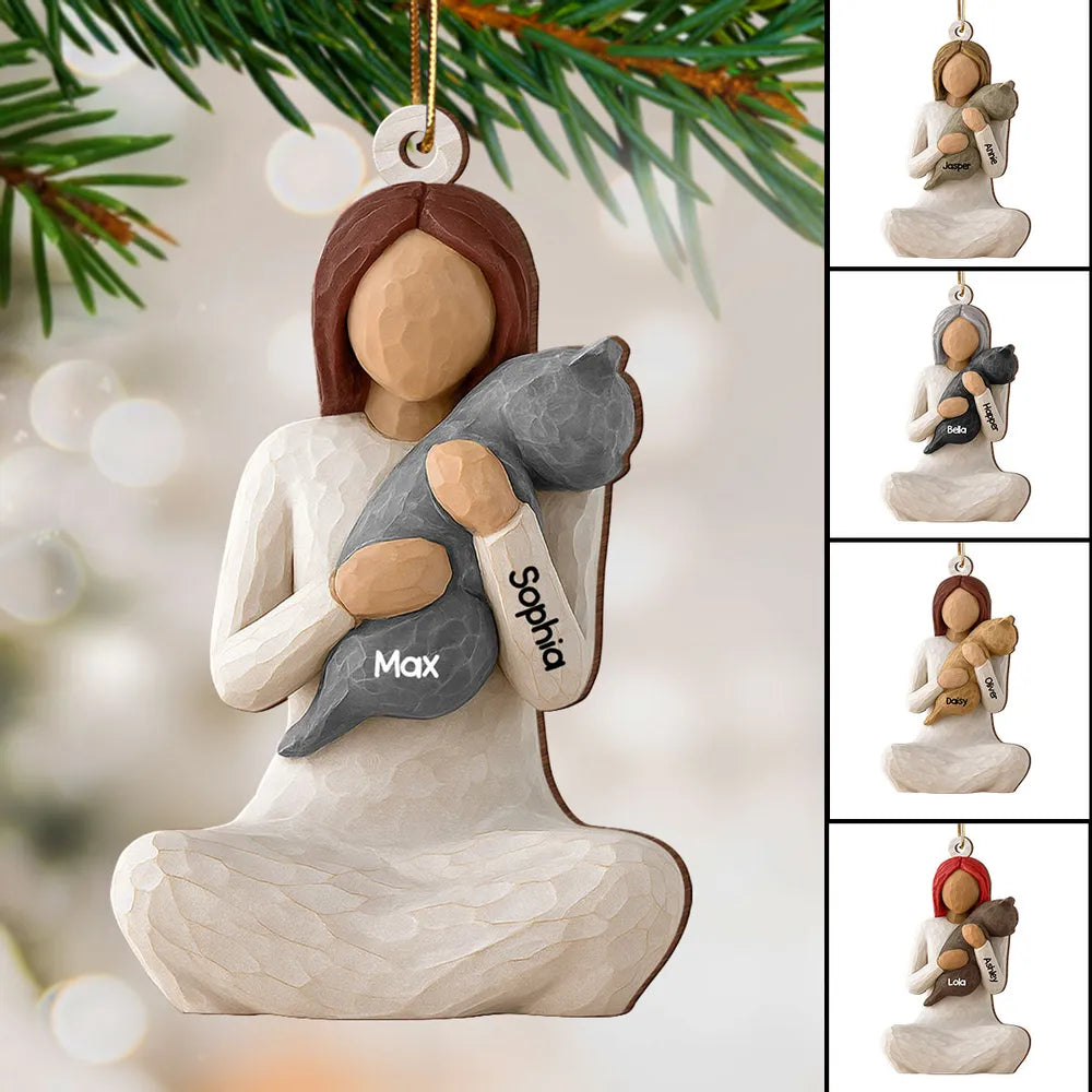 Wooden Ornament - Carved Figure Hugging a Cat, Winter Tree Decor, a unique gift for cat moms & pet owners