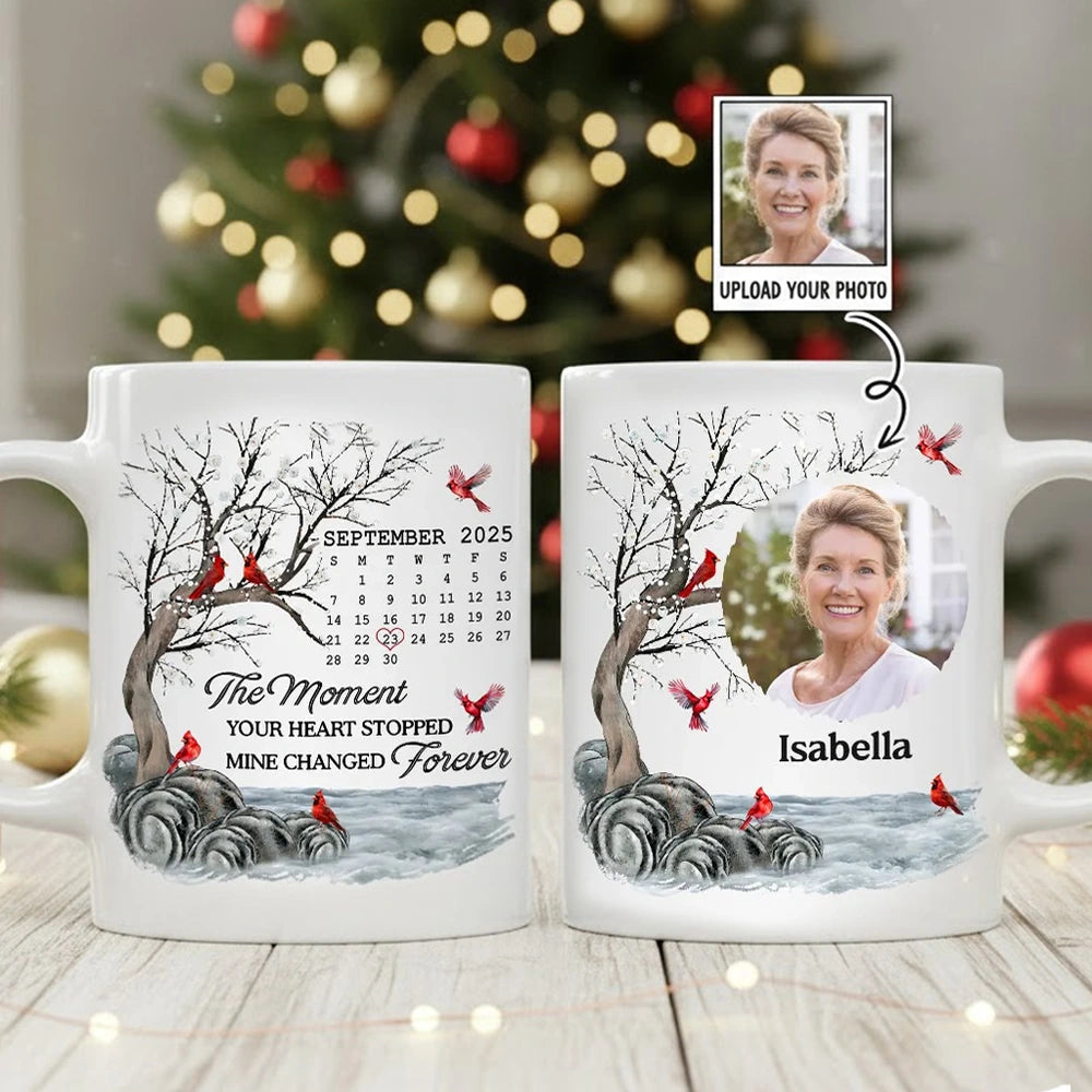 Custom Memorial White Ceramic Mug with Photo & Cardinals – Personalized Remembrance Keepsake, Comforting Unique Gift
