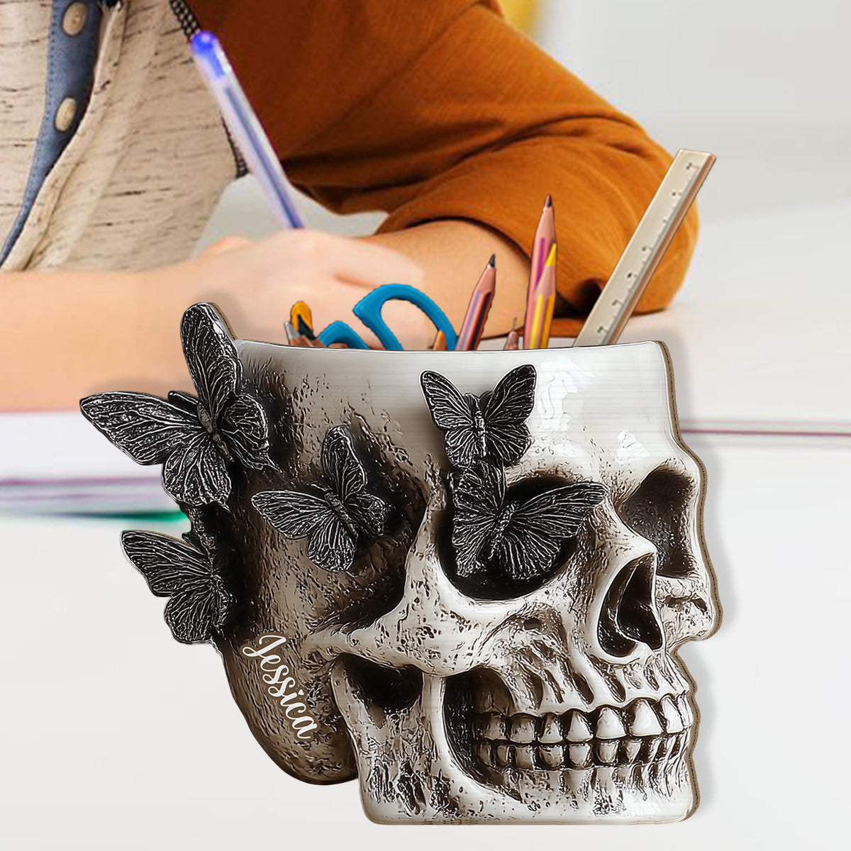 Butterfly Skull - Personalized Skull Wooden Pen Holder