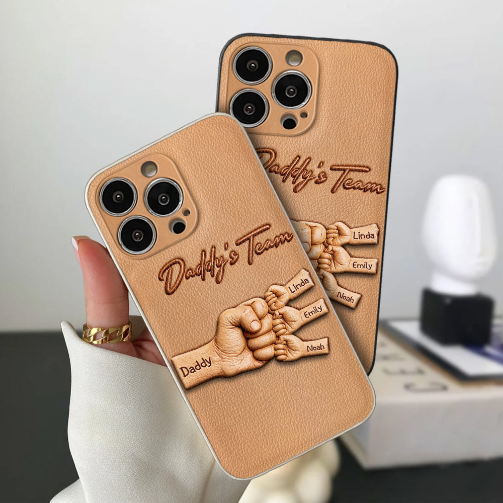 Daddy's Team - Personalized Father 3D Embossed Leather Phone Case