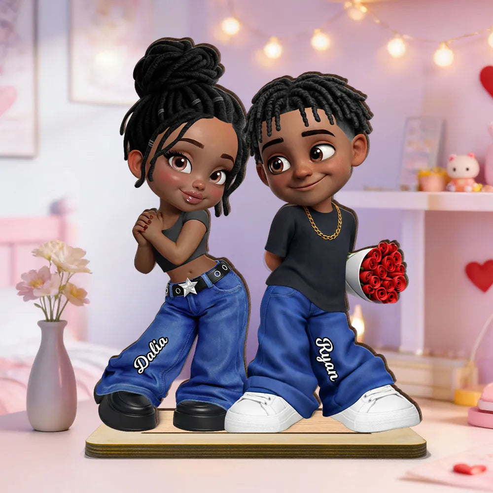Personalized 2-Layer Wooden Plaque Y2K Style Couple Holding Roses, Unique Gift for Him or Her, Sweet Romantic Desk Decor