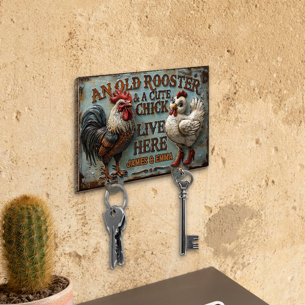 An Old Rooster & A Cute Chick Live Here - Personalized Farmer Key Holder