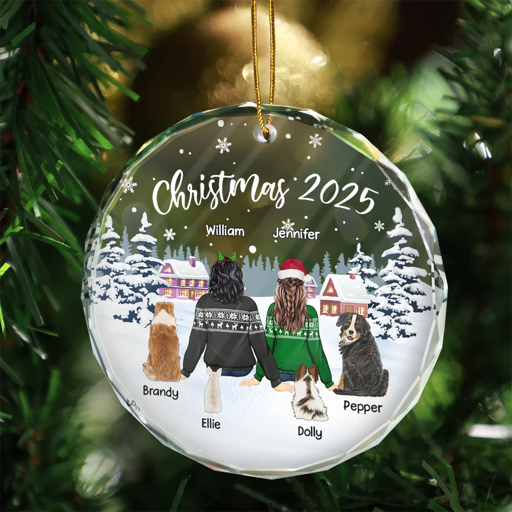 Crystal Ornament with cozy snowy village scene, customizable couple & pets design, perfect Christmas gift