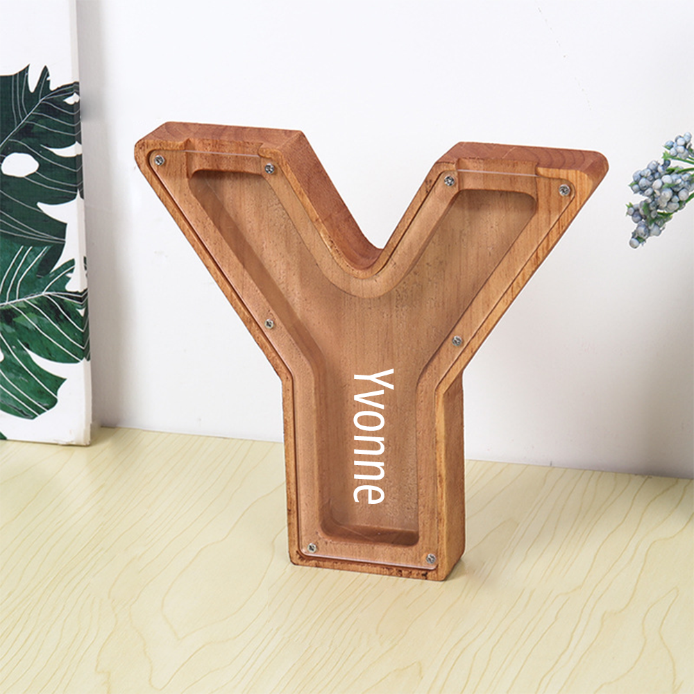 Custom Initial And Name - Personalized Letter And Name Brown Wooden Piggy Bank