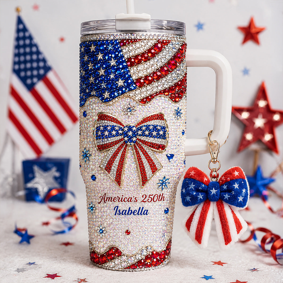 America's 250th Bow - Personalized Independence Day/ 4th of July Rhinestone Tumbler With Plush Charm