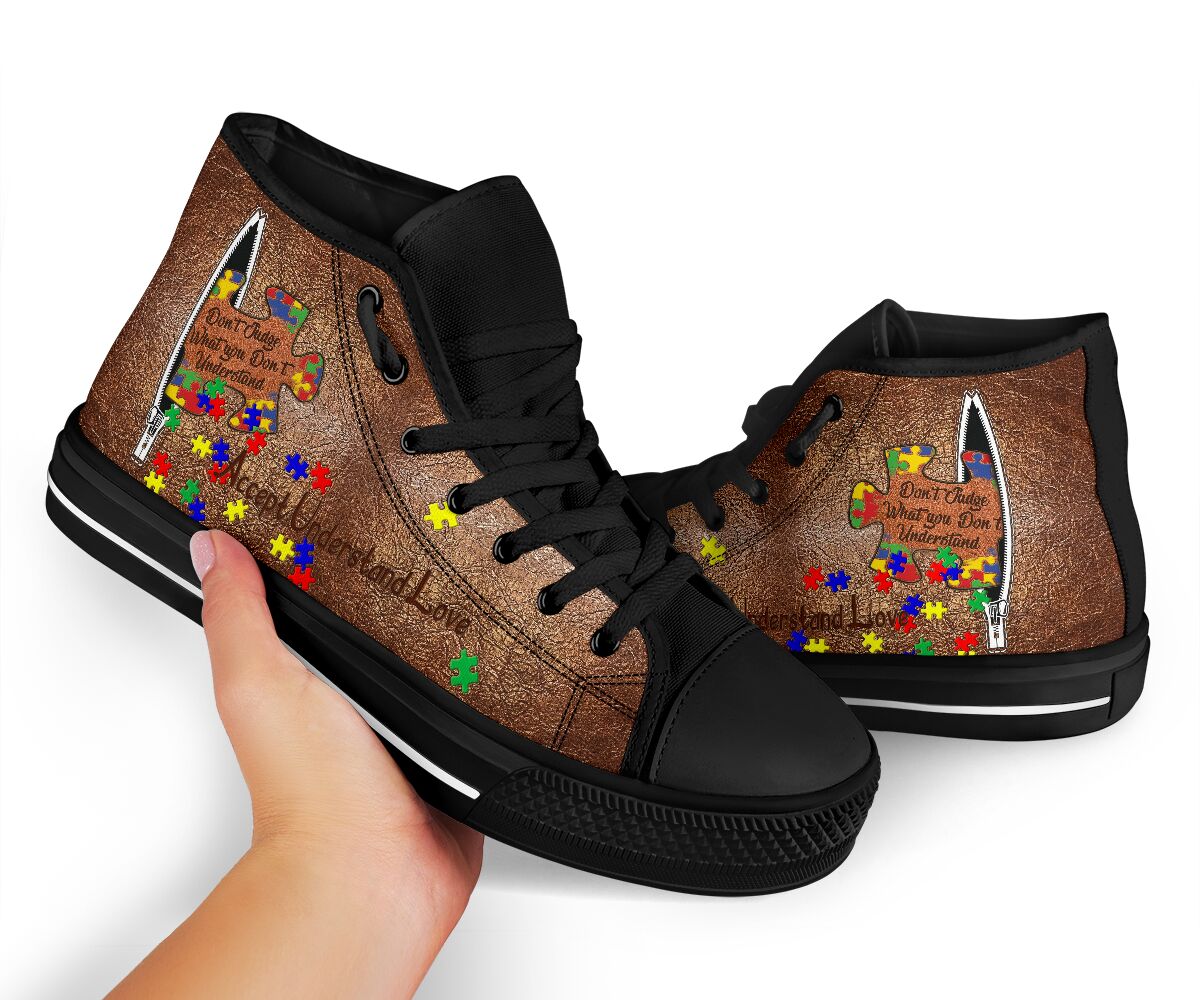 Don't Judge What You Don't Understand - Autism Awareness High Top Shoes With Leather Pattern Print 0622