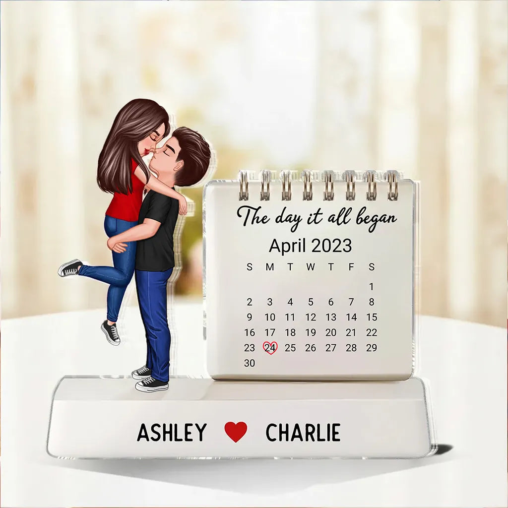 Personalized Shaped Acrylic Block Plaque Couple Hugging Kissing Calendar Keepsake, The Day It All Began, Unique Gift for Him or Her