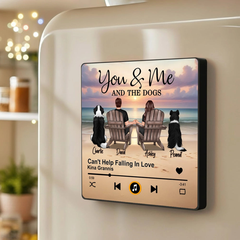 Personalized Acrylic Music Magnet Sunset Beach Couple With Dogs Fridge Decor Unique Gift for Couples & Dog Lovers