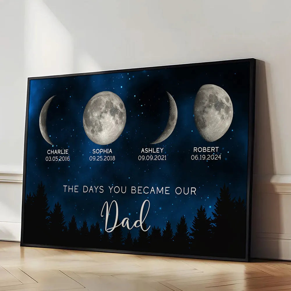 The Days You Became Our Dad Poster – Moon Phases over Forest Night Sky, Creative Personalized Gift for Dad