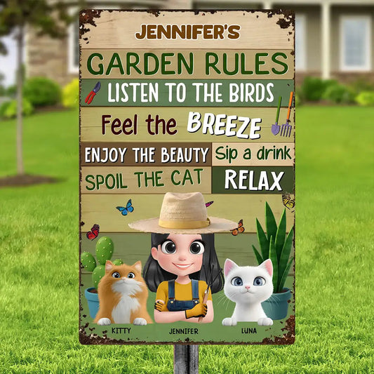 Garden Rules Metal Sign – Personalized Rectangular Iron Sign for Plant Lovers and Cat Moms